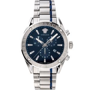 Versace V-Chrono VEHB00519 Herrenuhr Chronograph Edelstahl Silber Blau